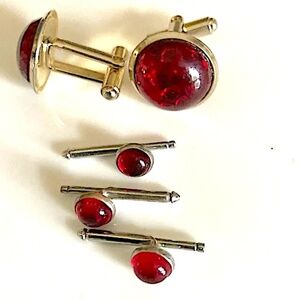 Vintage formalwear set featuring rich red Cumberland glass Cuff Links &-Studs